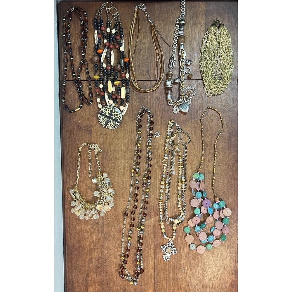 9 Pc Vntage Brown Tone Necklace Lot Tribal Boho Hippy Chic Chunky Y2k